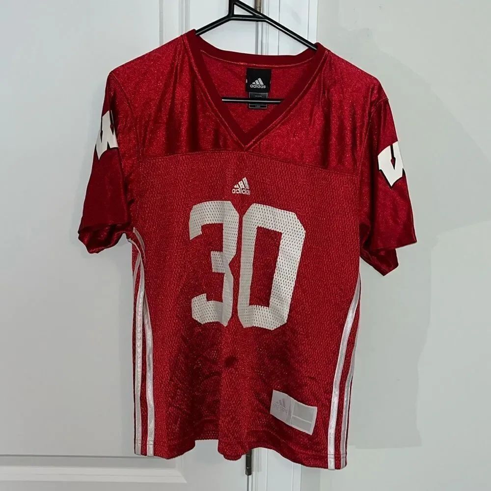 Adidas women’s Wisconsin Badgers Football 30 Stripe Jersey Red White Size L
